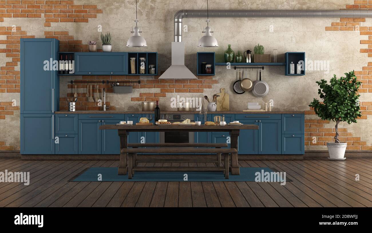 Classic style blue kitchen in a old room with brick wall 3d rendering