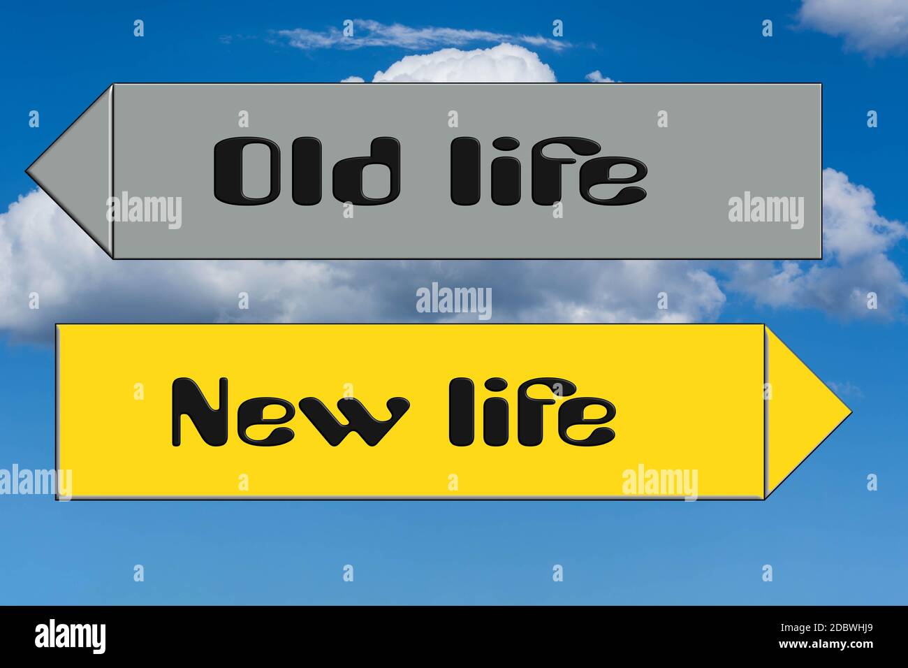 Street sign caption in English - new against old life in front of cloud background Stock Photo