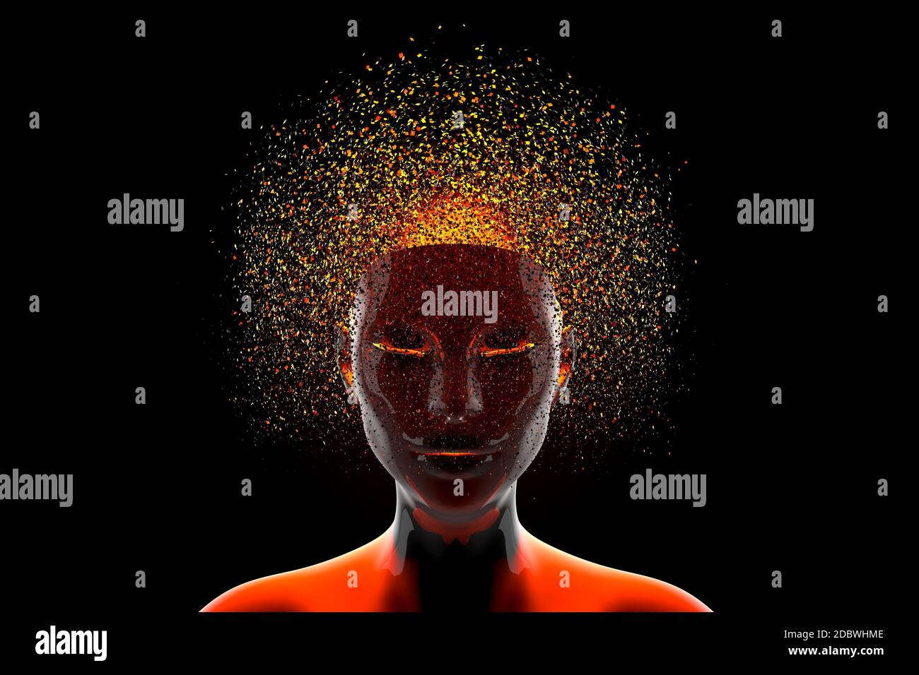3D illustration of a head dissolving into fragments symbolising either ...