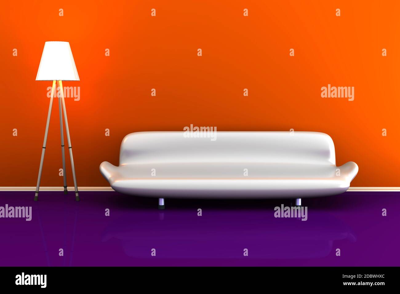 3d illustration of a lamp and a white sofa in a colourful room. Stock Photo