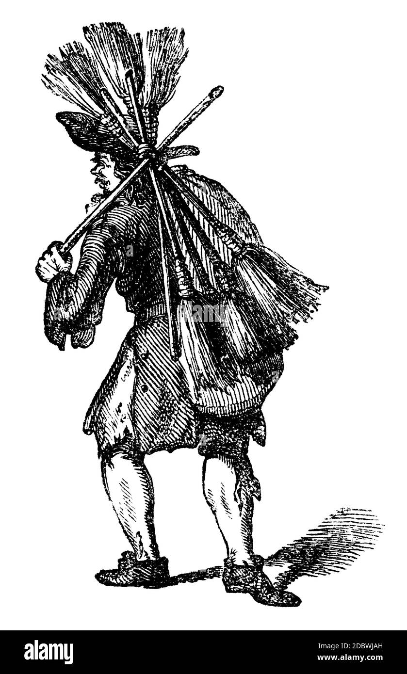 17th century broom-seller in London, from1840s woodcut Stock Photo