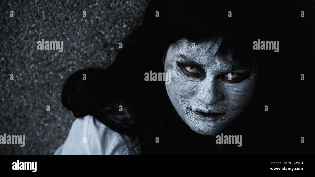 Close up face of Horror woman ghost creepy, halloween day concept Stock Photo