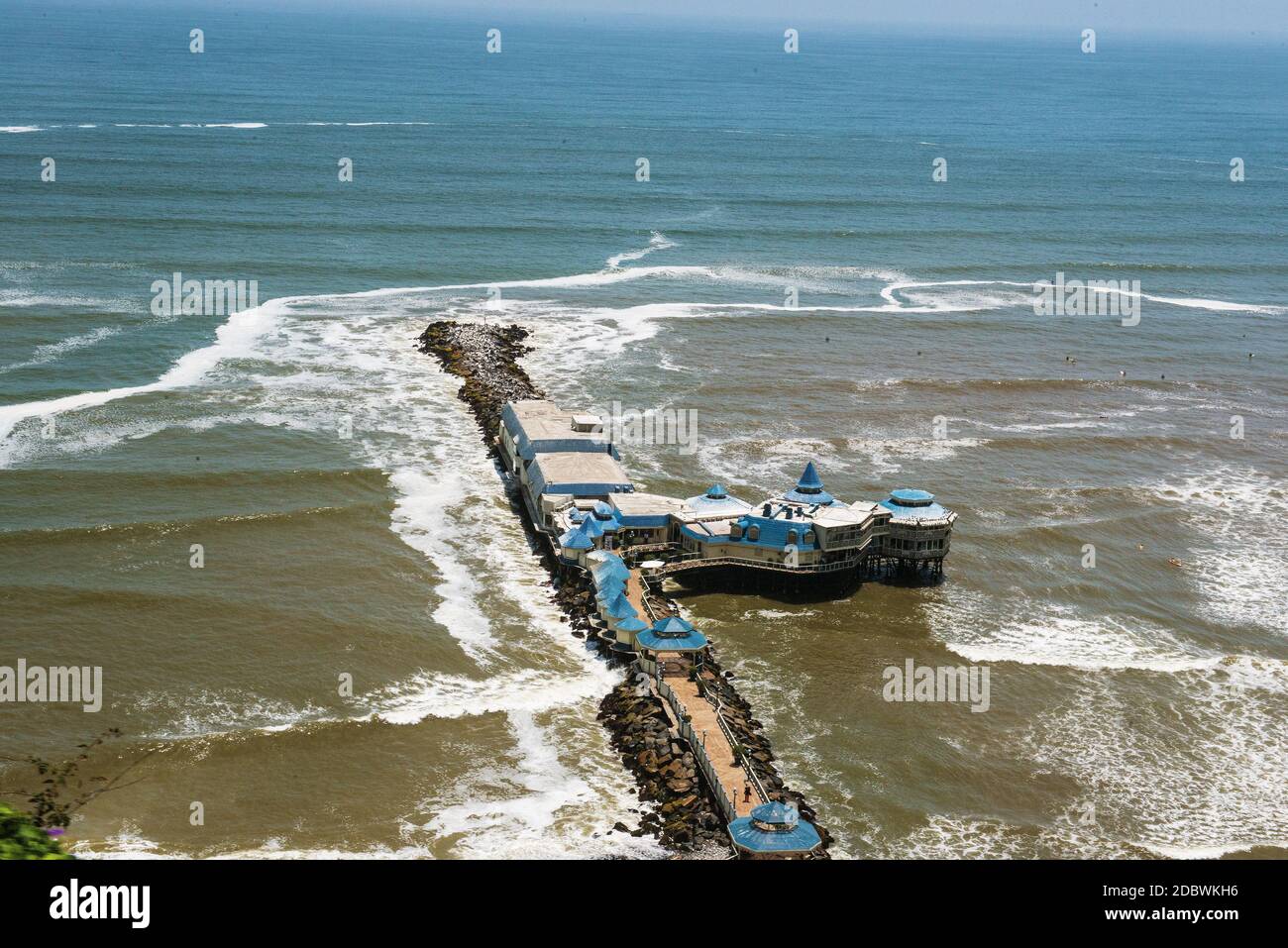 View from the park of lovers on the Pacific and the gourmet restaurant La Rosa Nautica in Lima, Peru Stock Photo