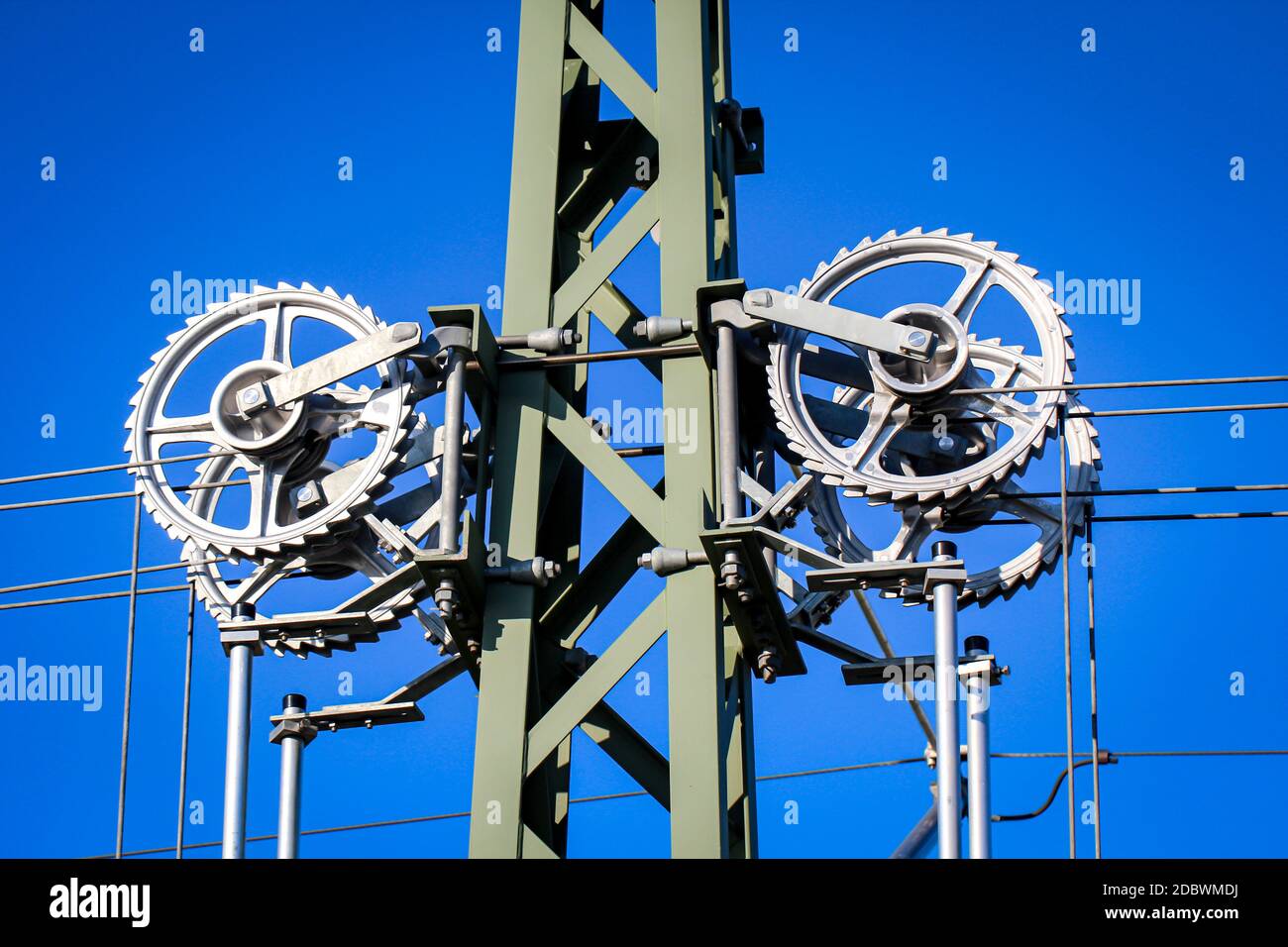 Views of rails and railways. Electrified track systems. Stock Photo