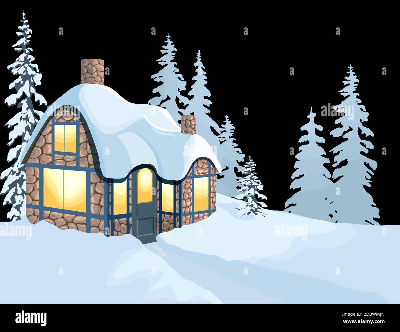 wooden lodge traditional cottage snow illustration Stock Photo - Alamy