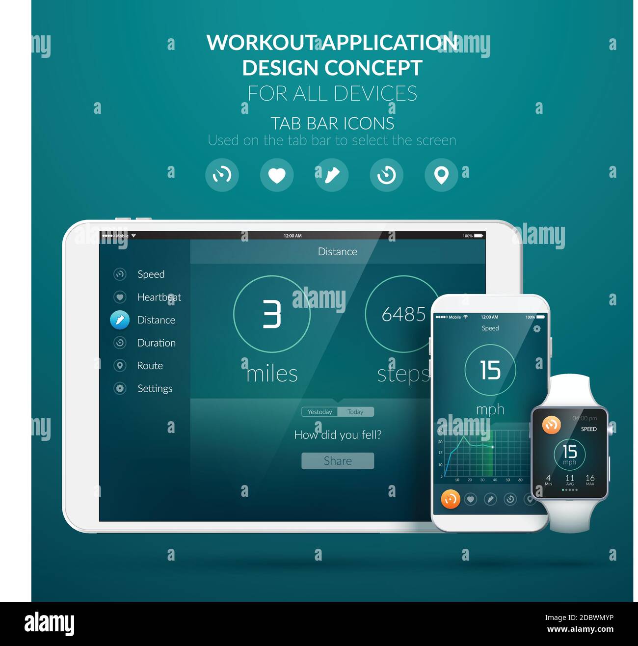 UI design concept with web elements of workout application for different devices isolated vector illustration Stock Vector