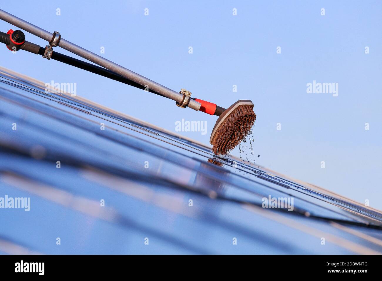 Cleaning solar panels with brush and water Stock Photo Alamy