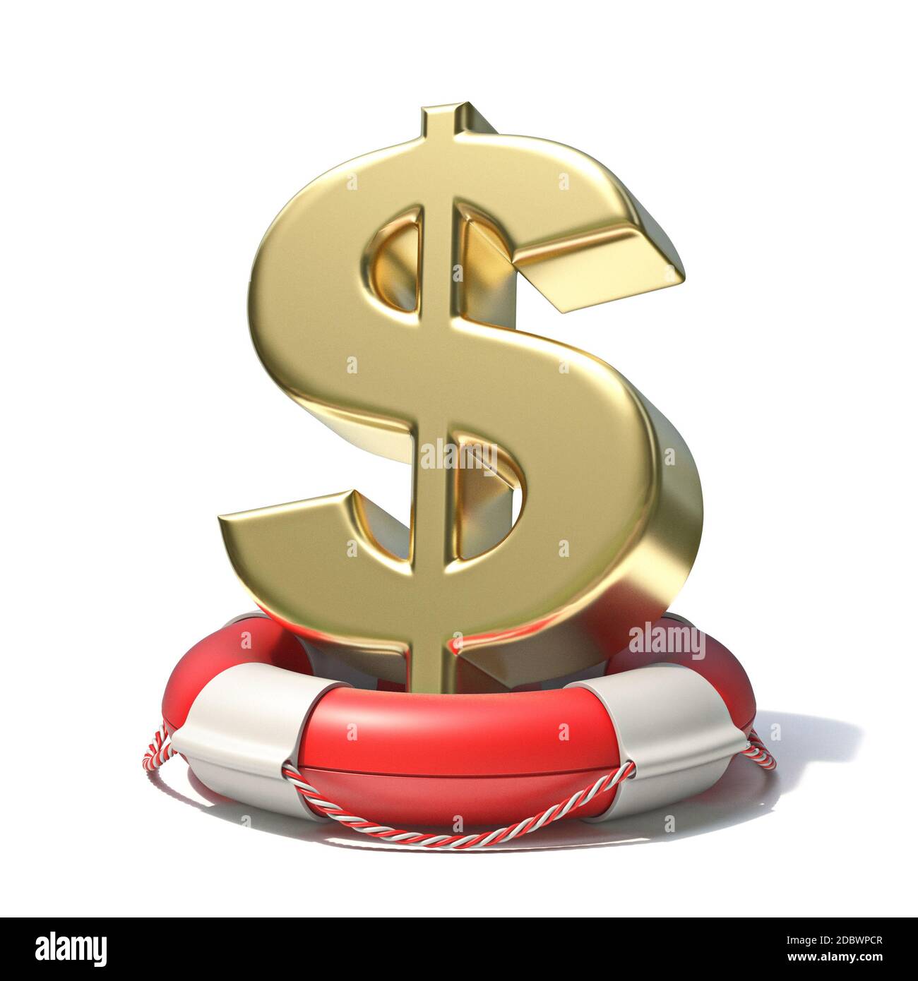 Golden dollar sign in lifebuoy 3D render illustration isolated on white ...