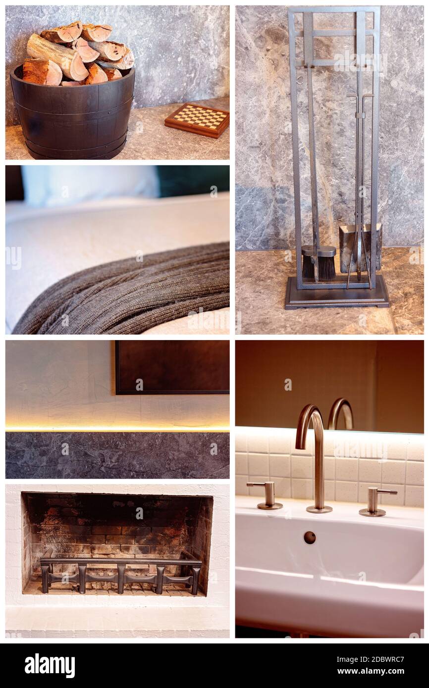 A collage of objects representing warmth and elegance in a luxury hotel Stock Photo