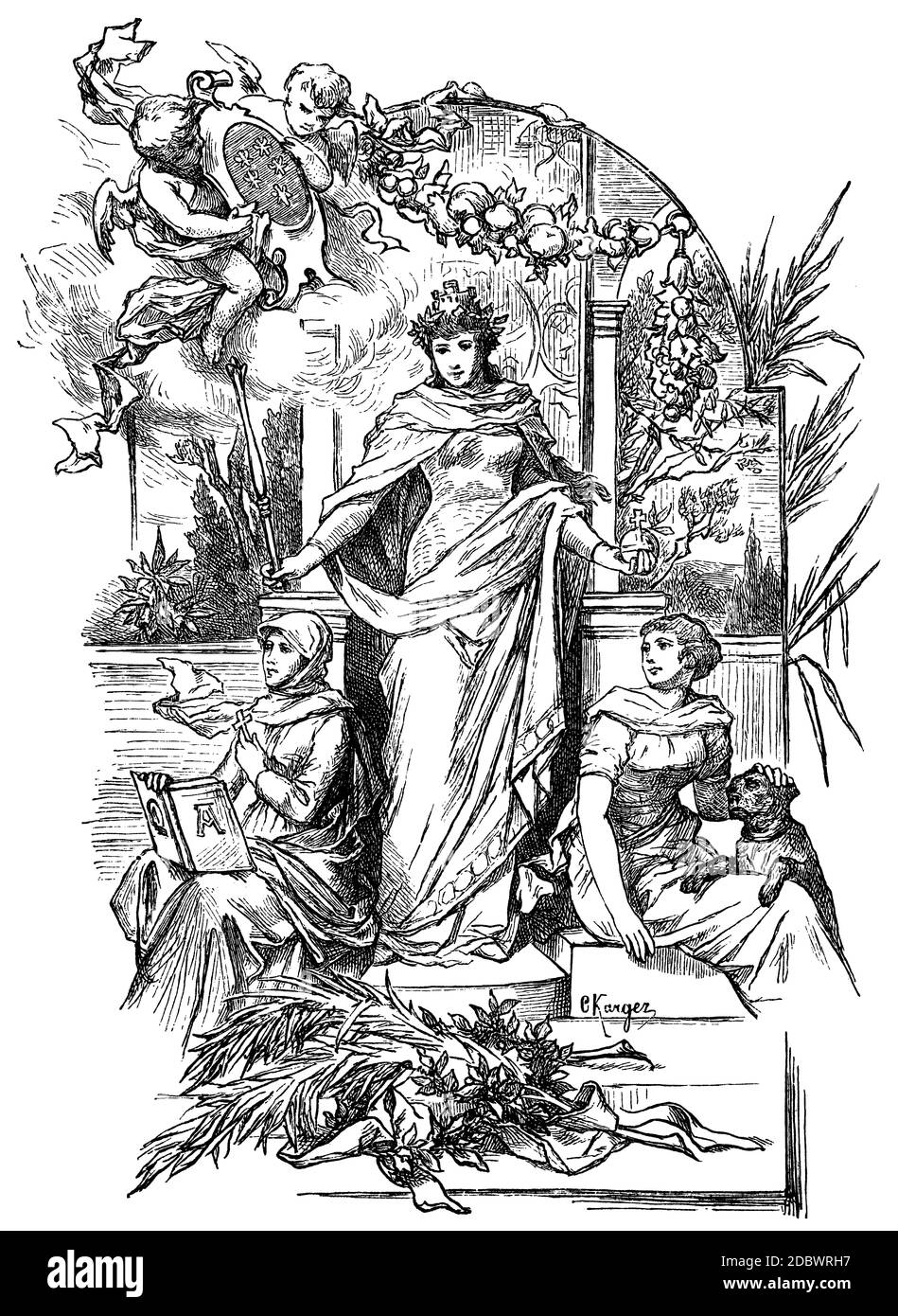 Queen standing on throne, drawing from vintage woodcut of 1888 Stock Photo