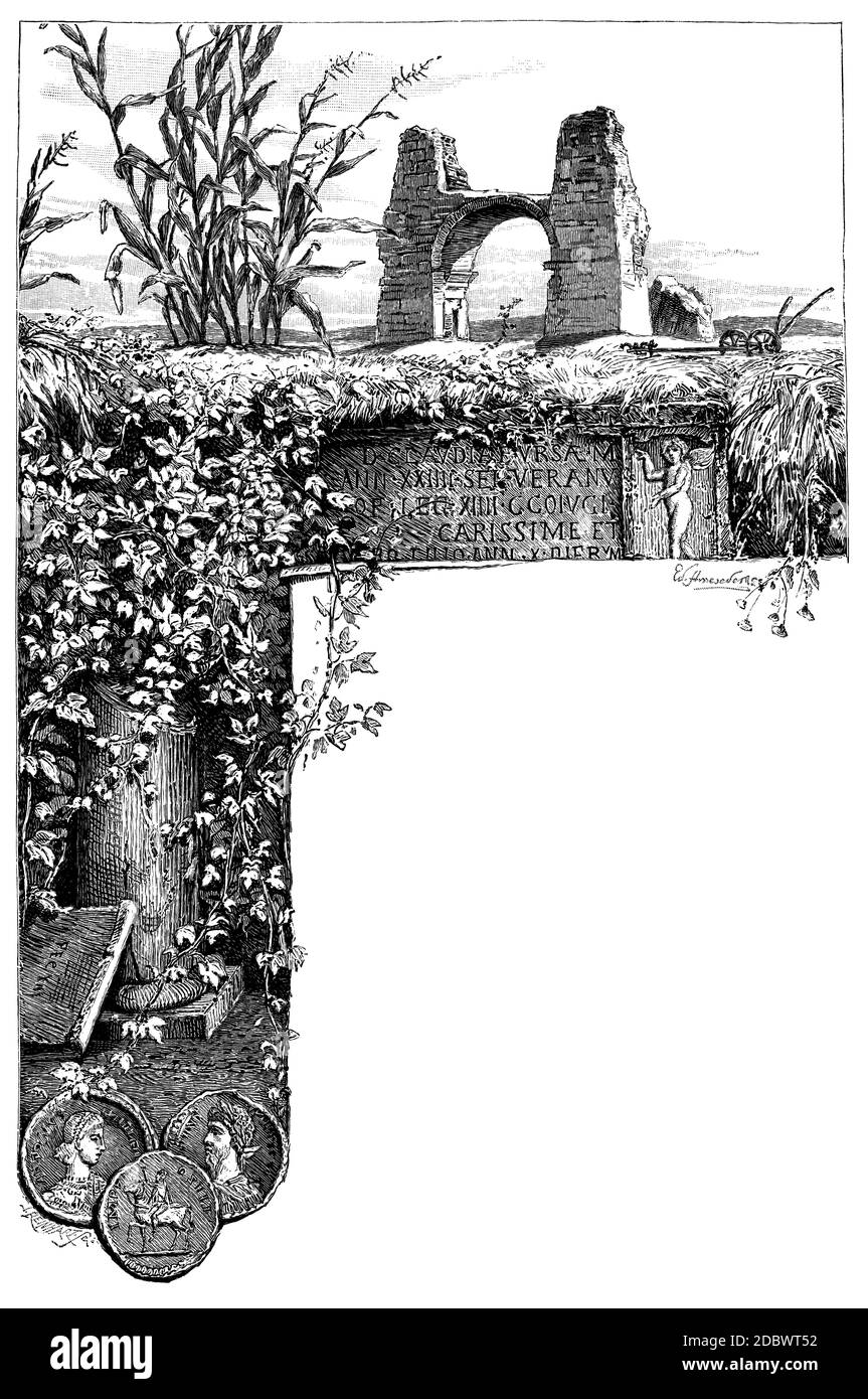 Border of  overgrown  ruins, tombstone, bridge, from 1880s Victorian engraving Stock Photo