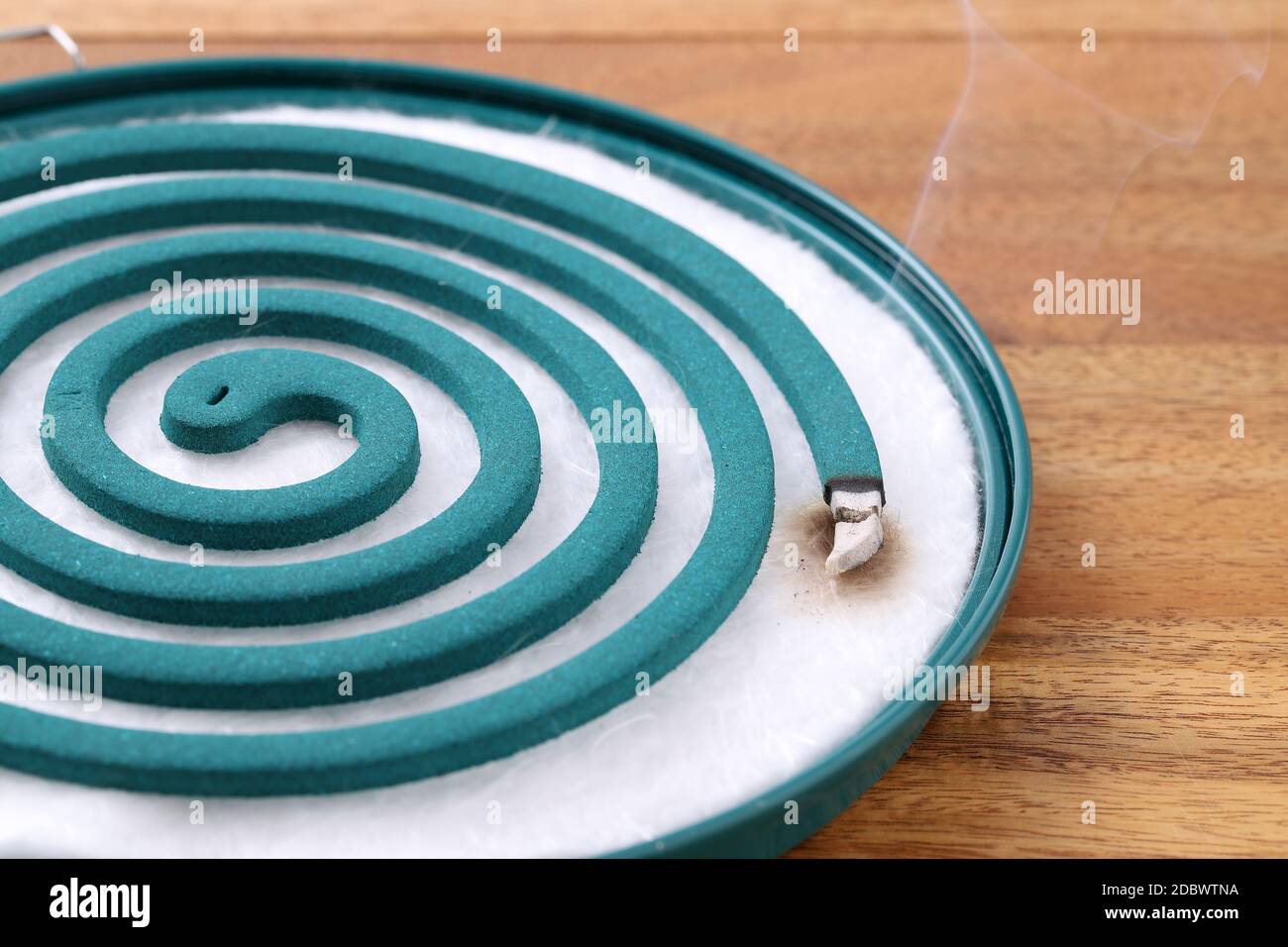 Classic green mosquito coil in a metal plate on table Stock Photo