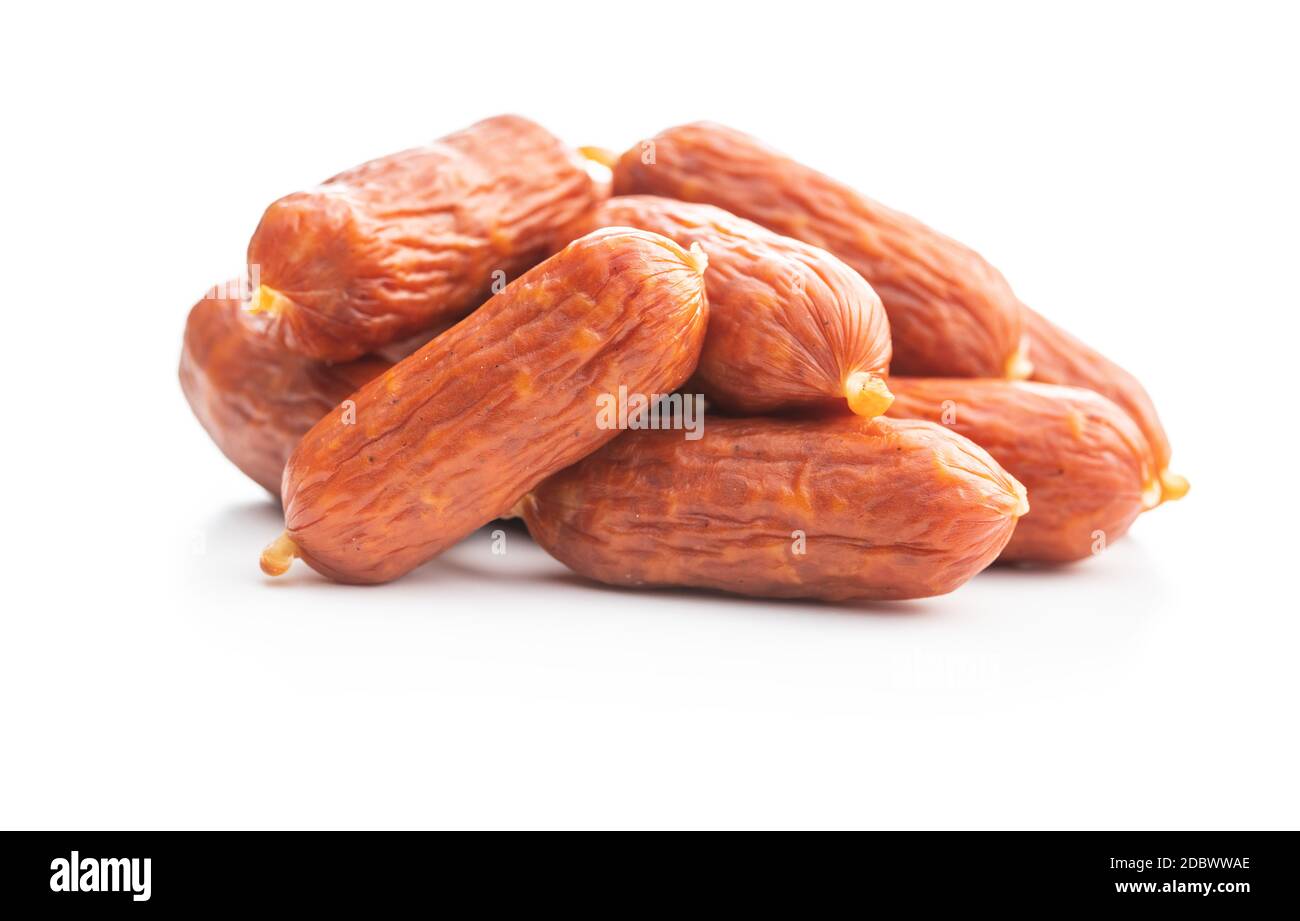 Mini salami sausages isolated on white background Stock Photo Alamy