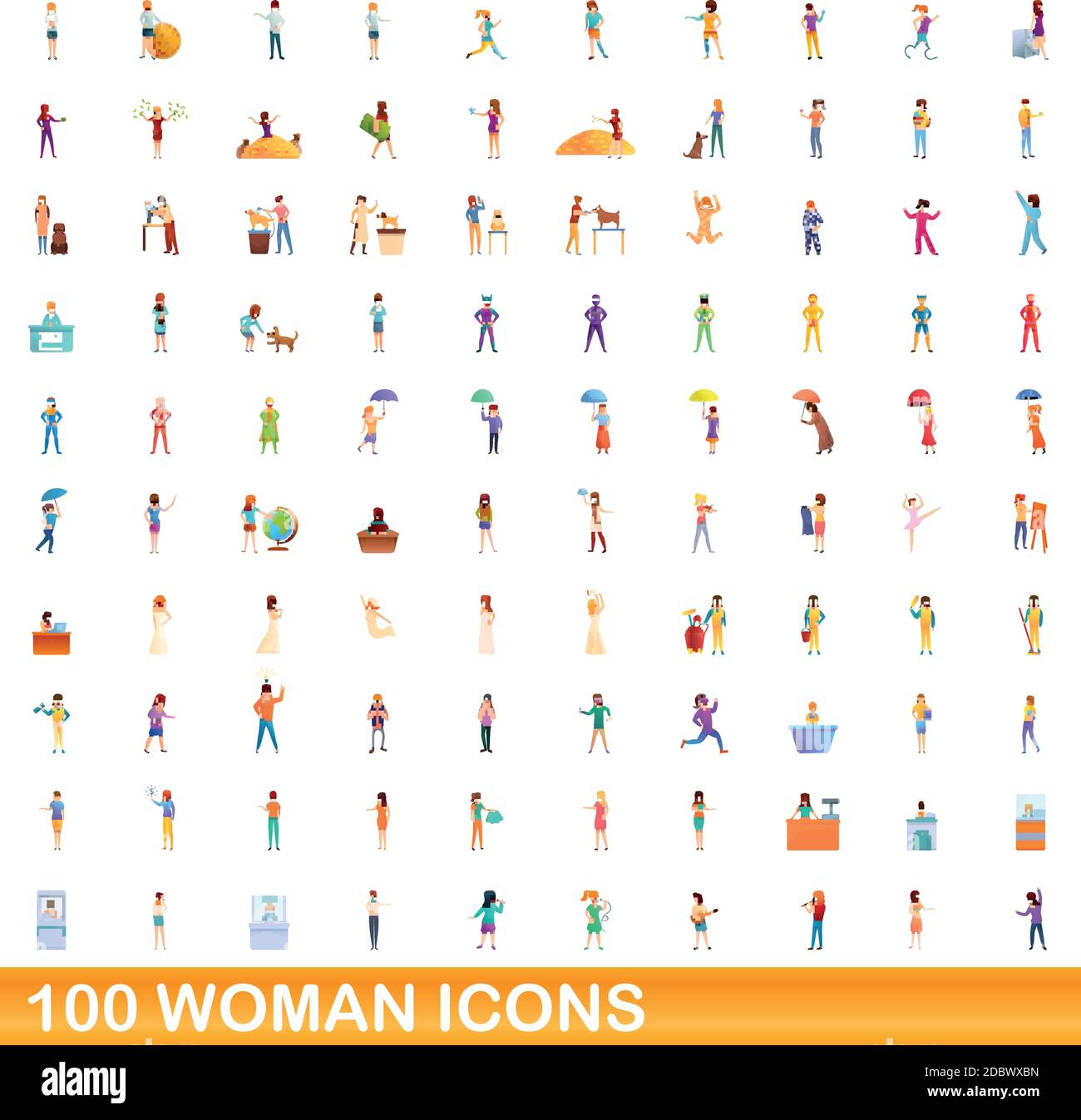 100 woman icons set. Cartoon illustration of 100 woman icons vector set ...