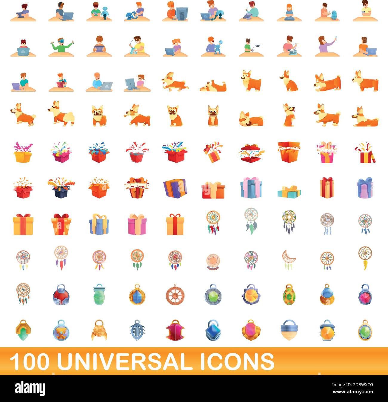100 universal icons set. Cartoon illustration of 100 universal icons ...