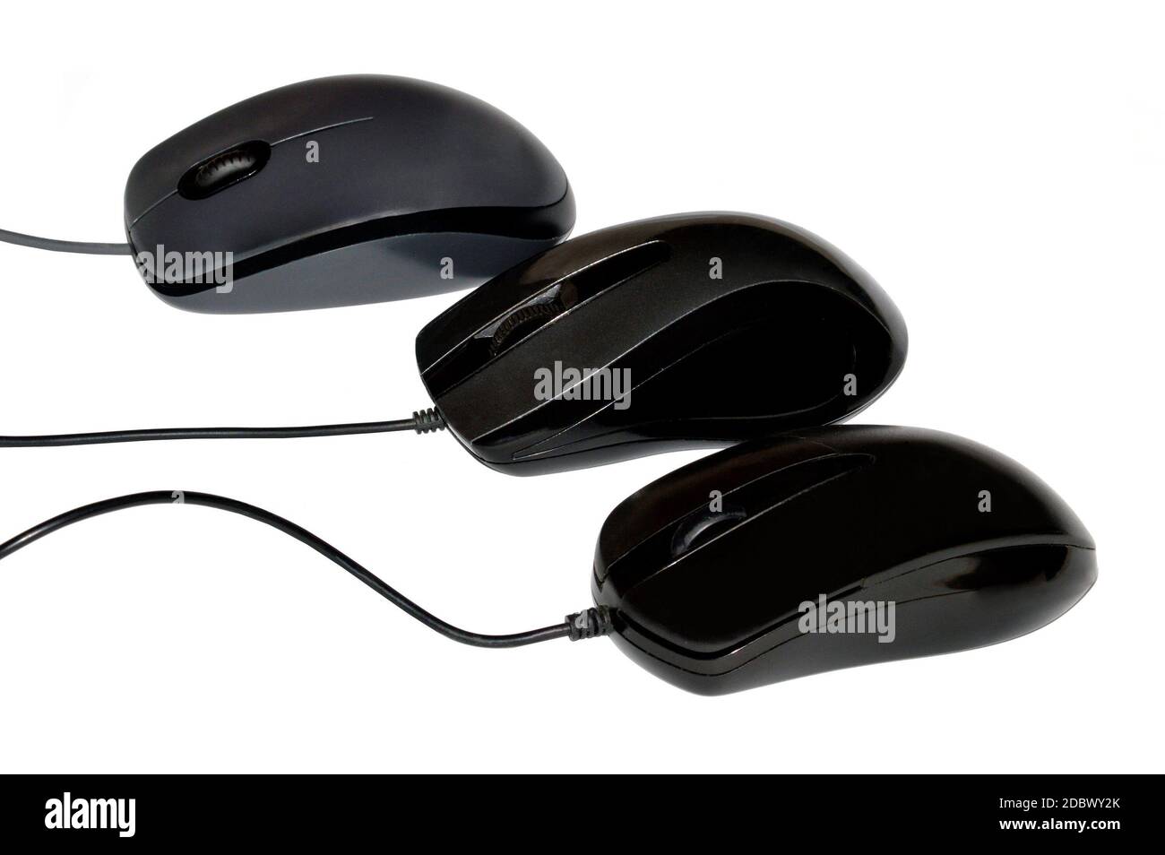 Three optical computer mouse devices in a row isolated on white