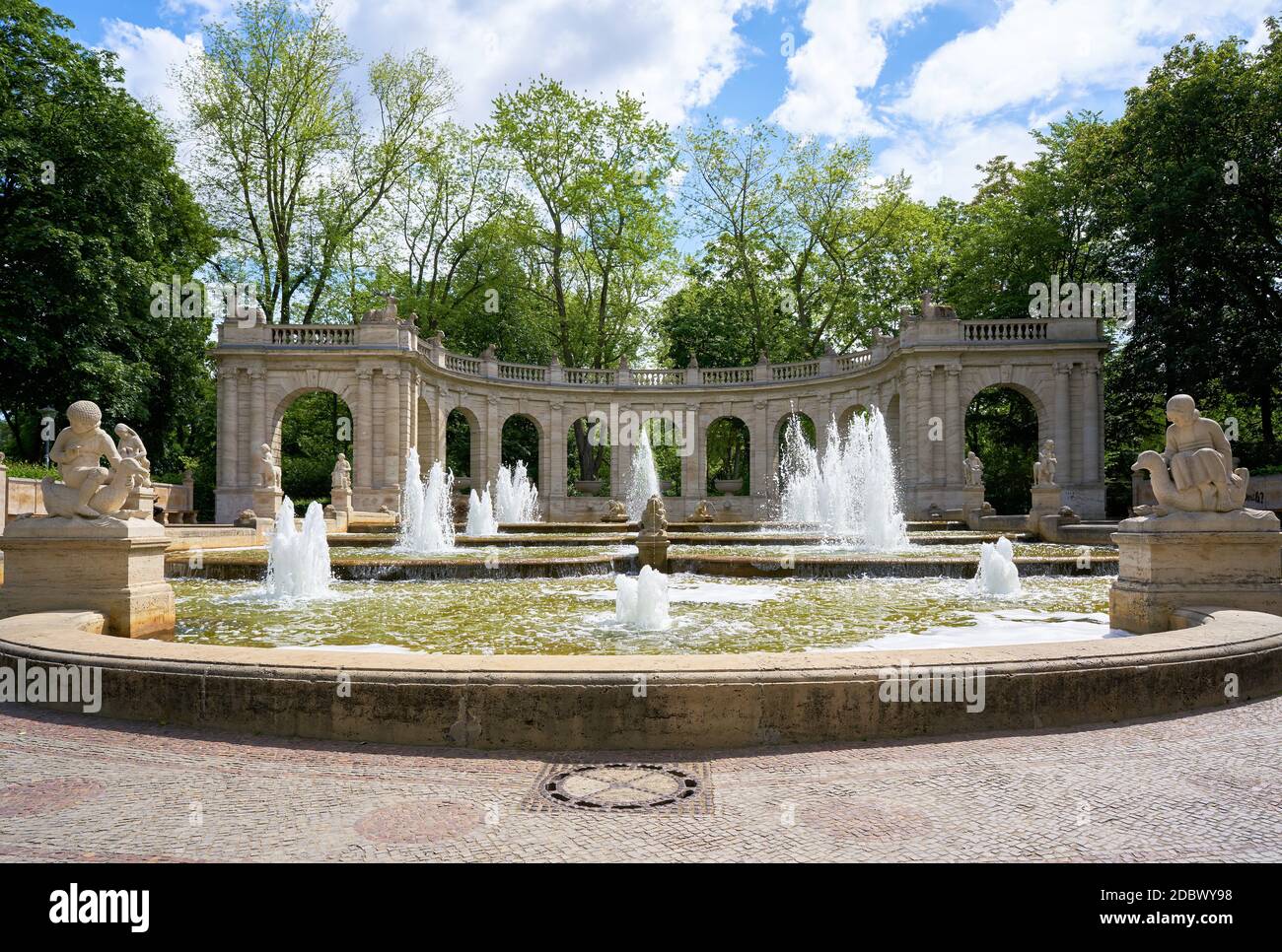 MÃ¤rchenbrunnen fairytale fountain from 1913 in the public Volkspark Friedrichshain in Berlin Stock Photo