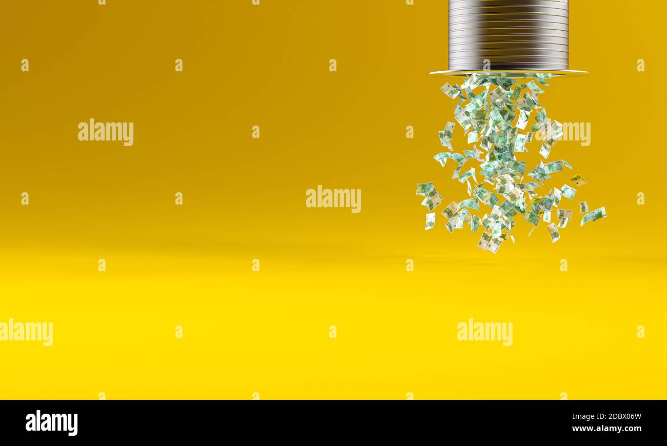 rains of euro money spilling out of a large metal tube. 3d render ...