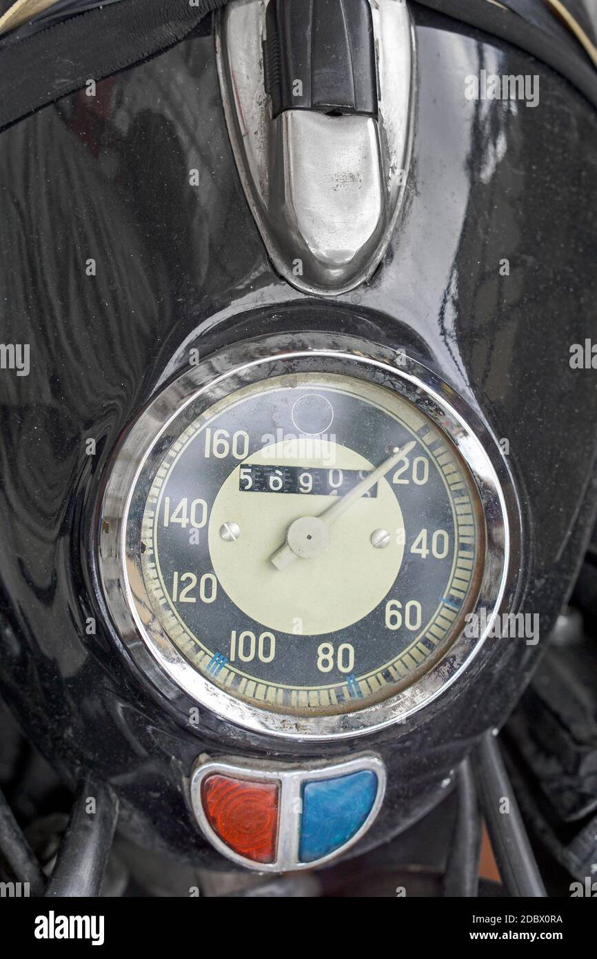 Classic vintage motorcycle speedometer at headlight Stock Photo Alamy