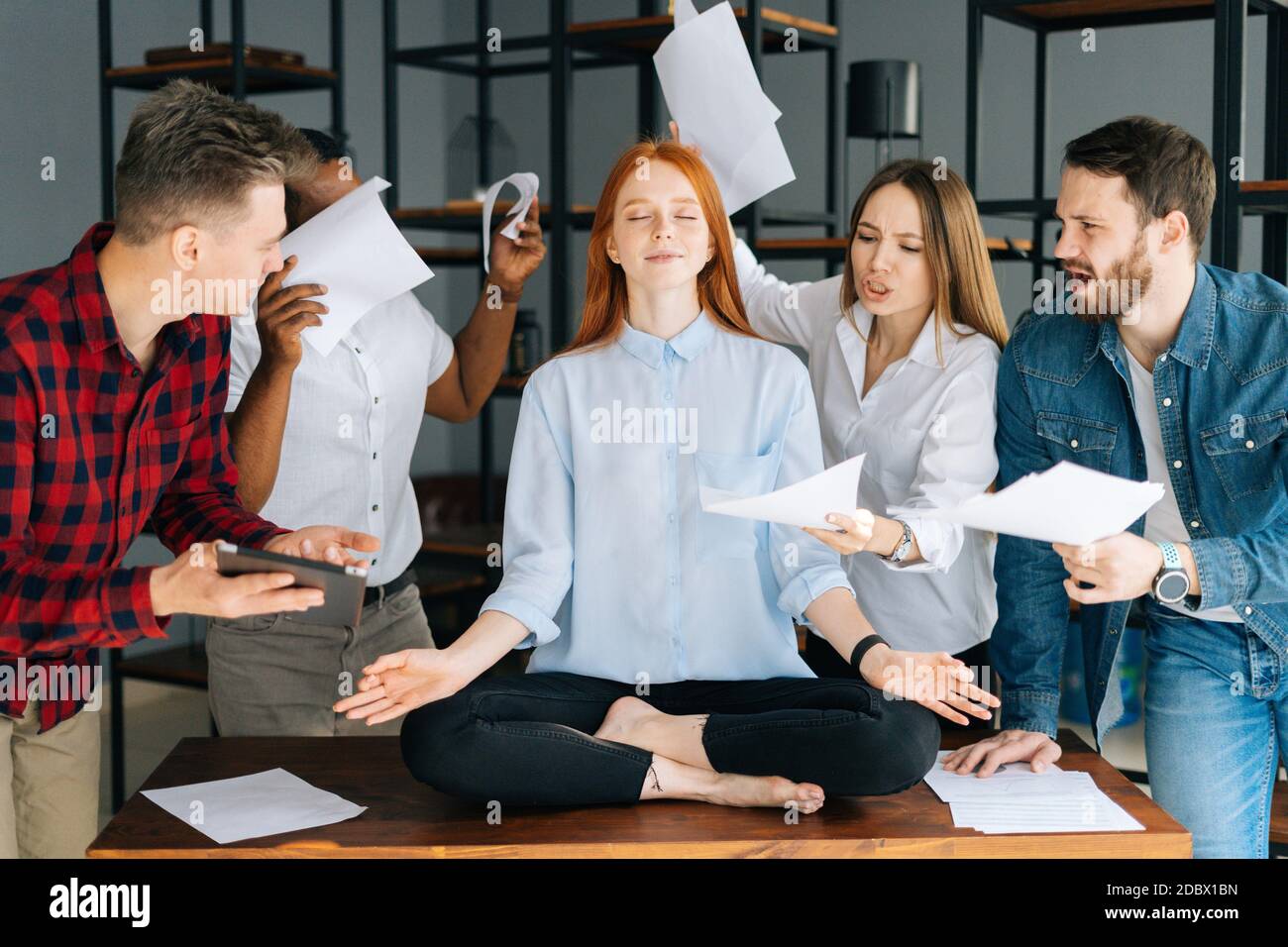 Portrait of calm young woman meditate at meeting avoiding pressure ...