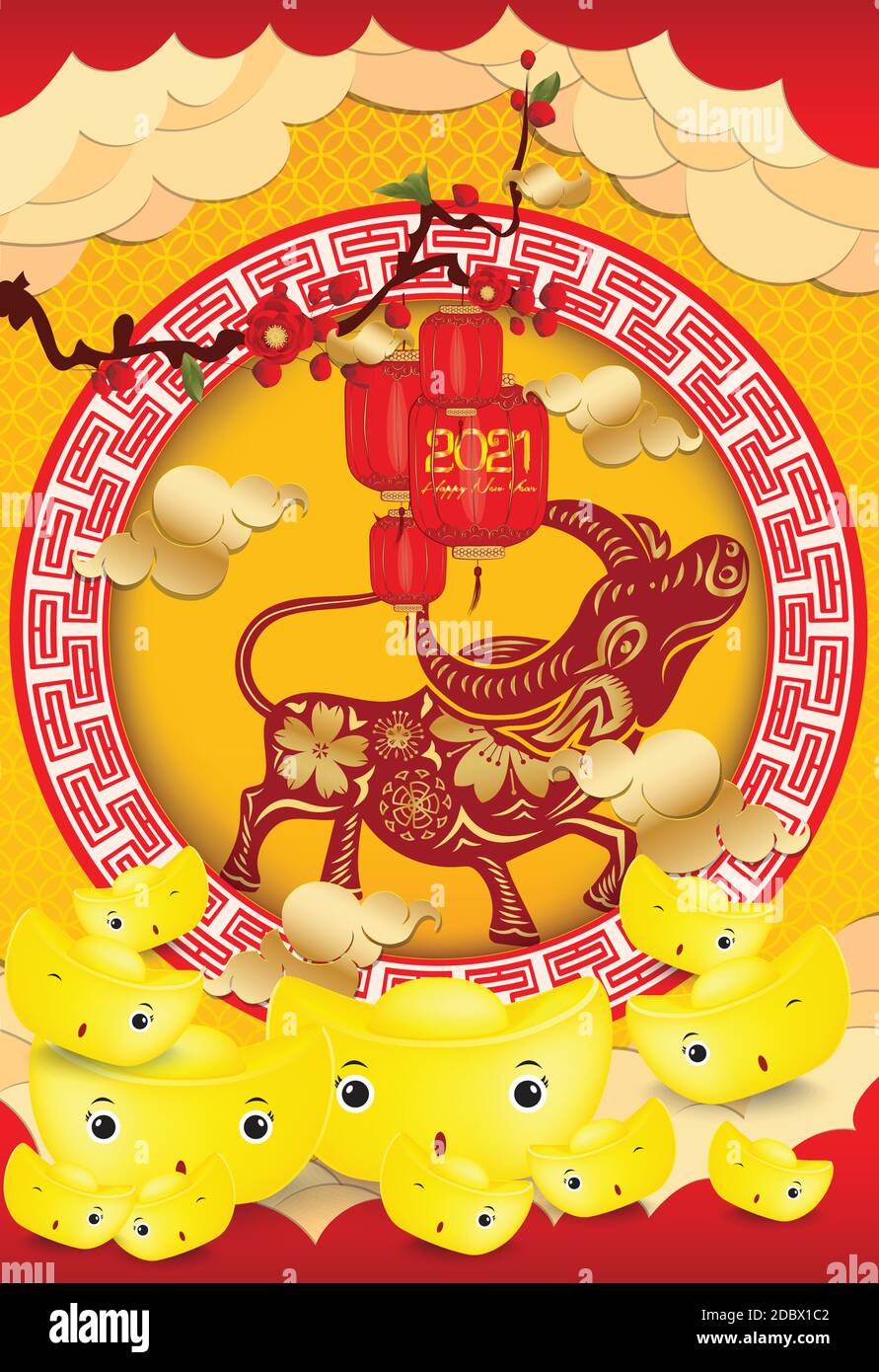 Chinese new year poster design with Chinese of the Ox, Happy Chinese New Year 2021, Lanterns and