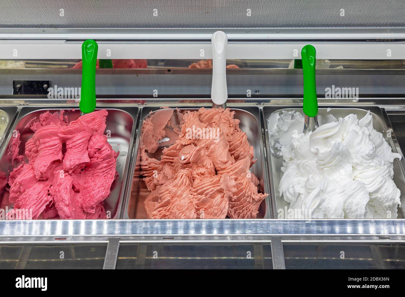 Italian Style Ice Cream Selection in Display Freezer Stock Photo