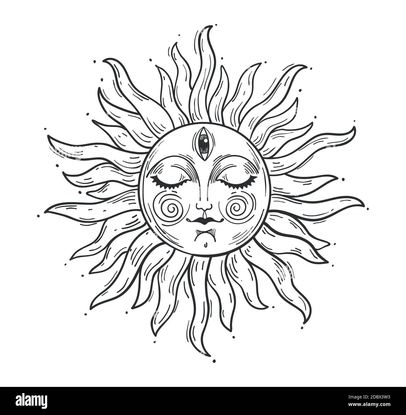 Vintage style illustration, sun with a face, stylized drawing, engraving.  Mystical element for design in boho style, logo, tattoo. Vector  illustration isolated on white Stock Vector Image & Art - Alamy