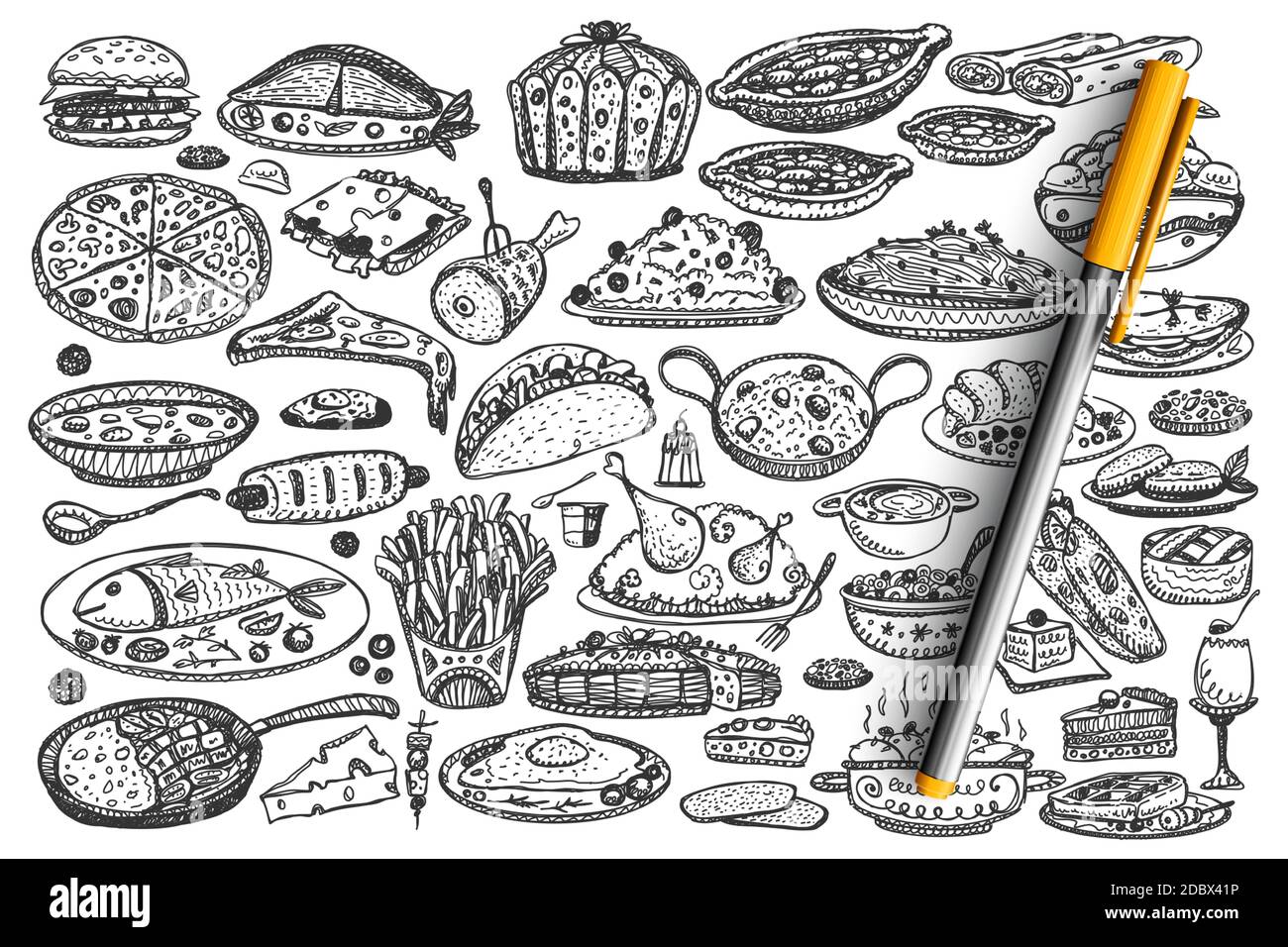 Food doodle set. Collection of hand drawn various different kind of meal  dishes isolated on white background. Meat pizza fish and fast food  hamburger or healthy vegetables fruits illustration Stock Vector Image