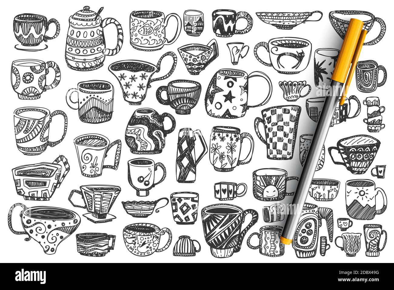 Cups doodle set. Collection of different hand drawn decorated coffee tea  mugs full with beverages isolated on white background. Trendy crockery with  handle for drink illustration Stock Vector Image & Art 