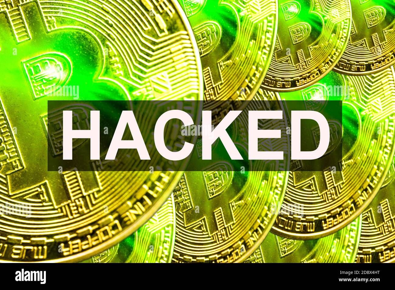 BITCOIN HACKED text on BITCOIN background. Cryptocurrency theft concept ...