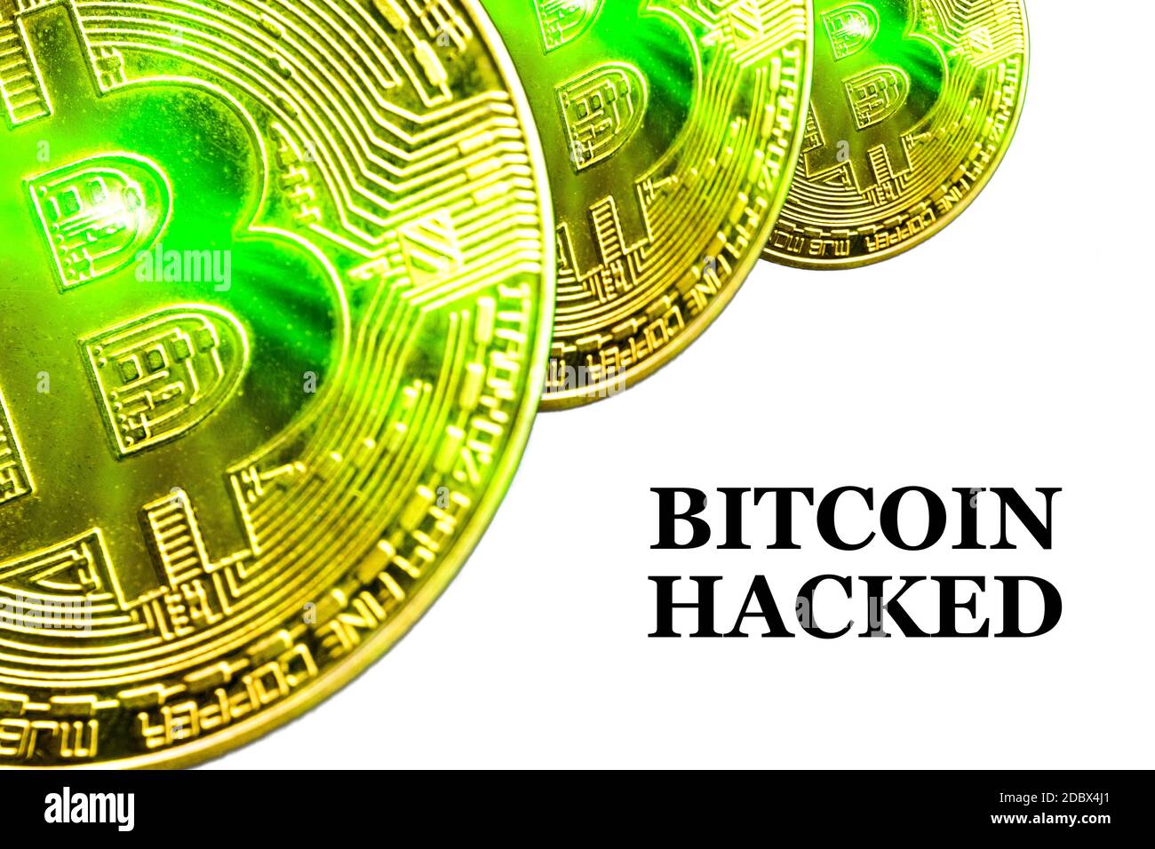 BITCOIN HACKED text on white background. Cryptocurrency theft concept ...
