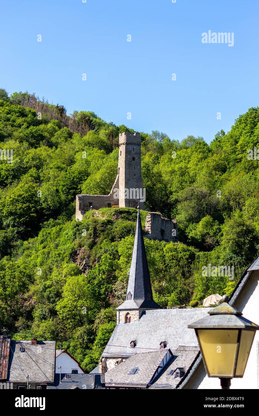 View at church and castle ruin Loewenburg in Monreal, Eifel, Germany Stock Photo