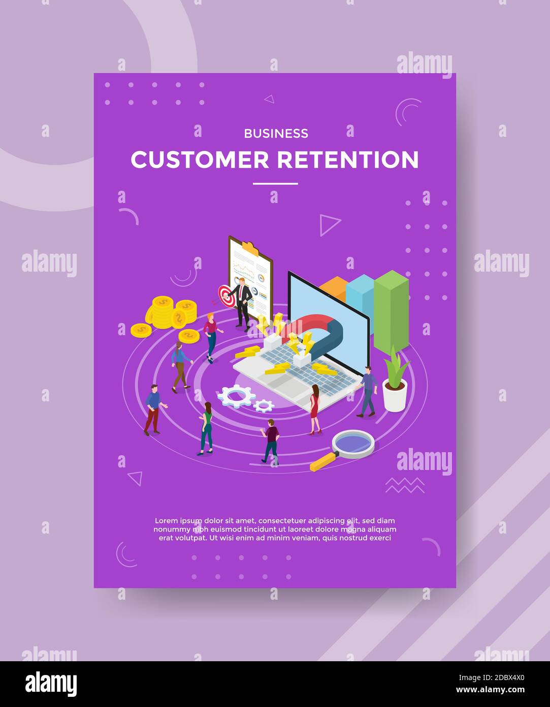 business customer retention people standing near laptop magnet for template of banner and flyer for printing magazine cover and poster Stock Vector
