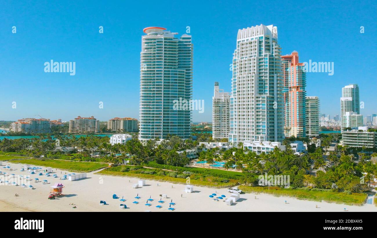 Panorama of South Beach, Miami Beach, South Pointe Park, Government Canal. Florida. Miami City - South Beach - Lummus Park, Ocean Drive and shore Long Stock Photo