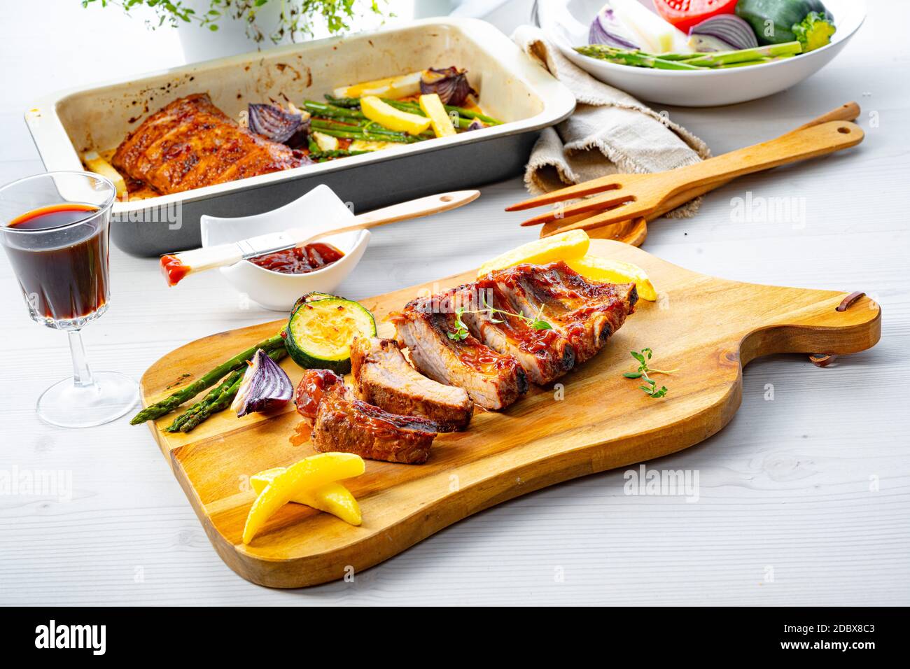 Grilled Sparerib with various vegetables Stock Photo