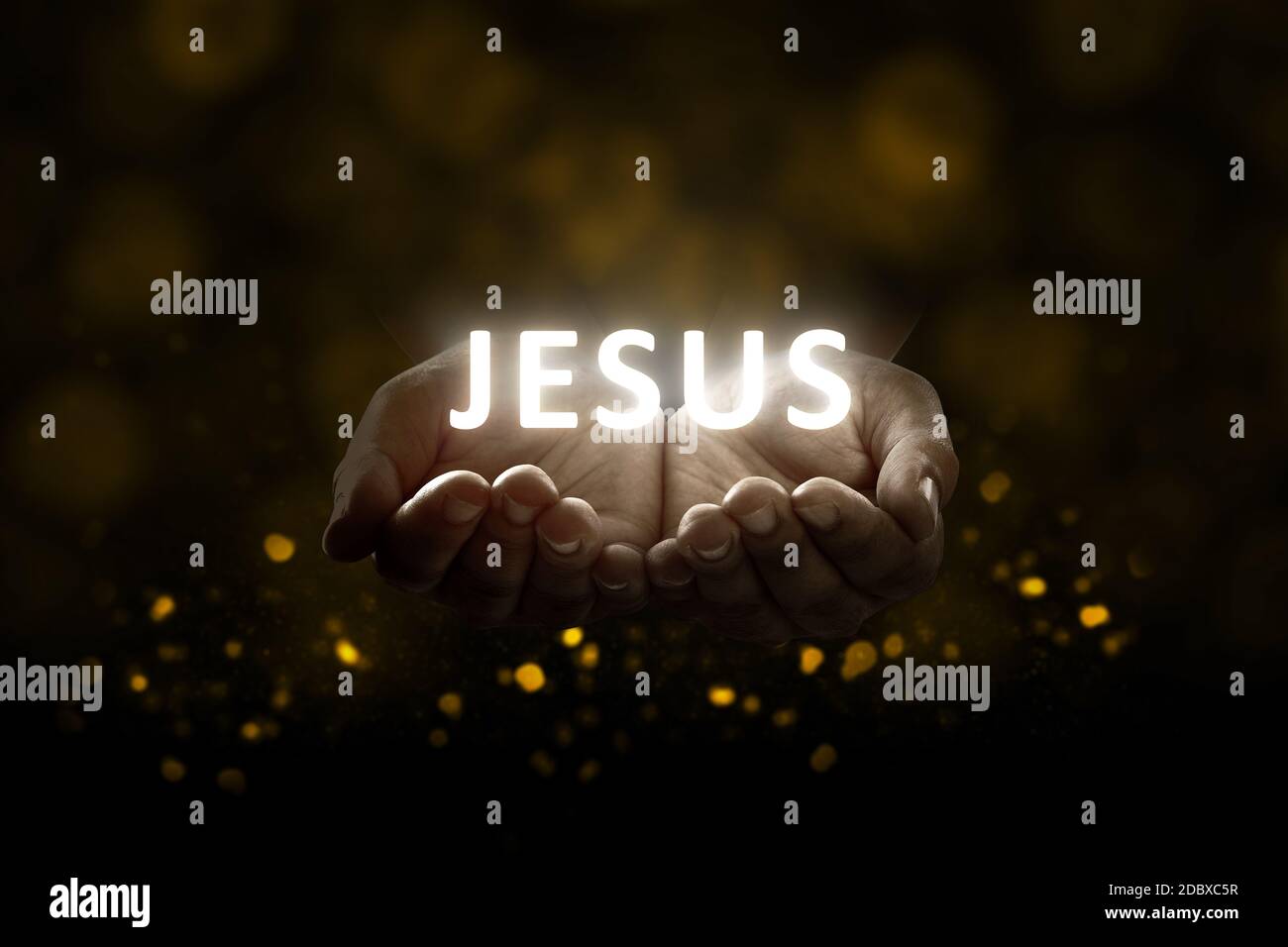 Human hands praying to god with shiny Jesus text over black background  Stock Photo - Alamy