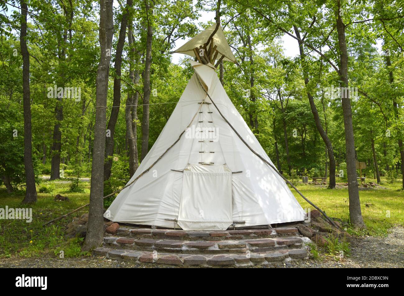 Native American wigwam made of fabric covered branches in forest Stock Photo