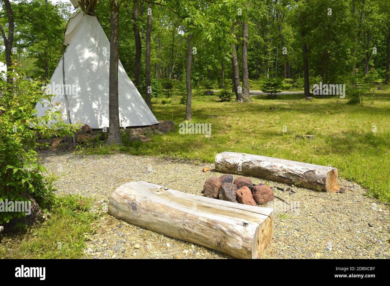 Two wooden seats made of bars next to a bonfire of stones on the background of native American wigwam in forest Stock Photo