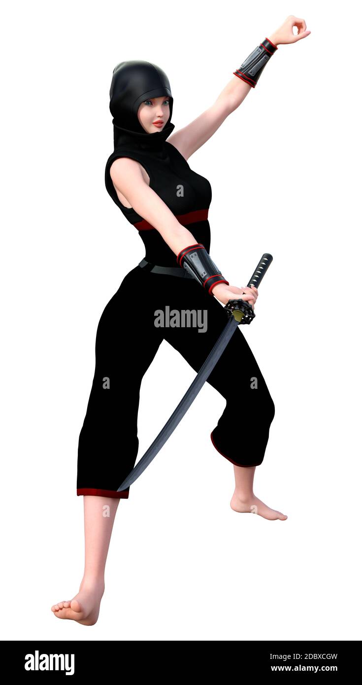 3D rendering of a female ninja holding a sword isolated on white background Stock Photo