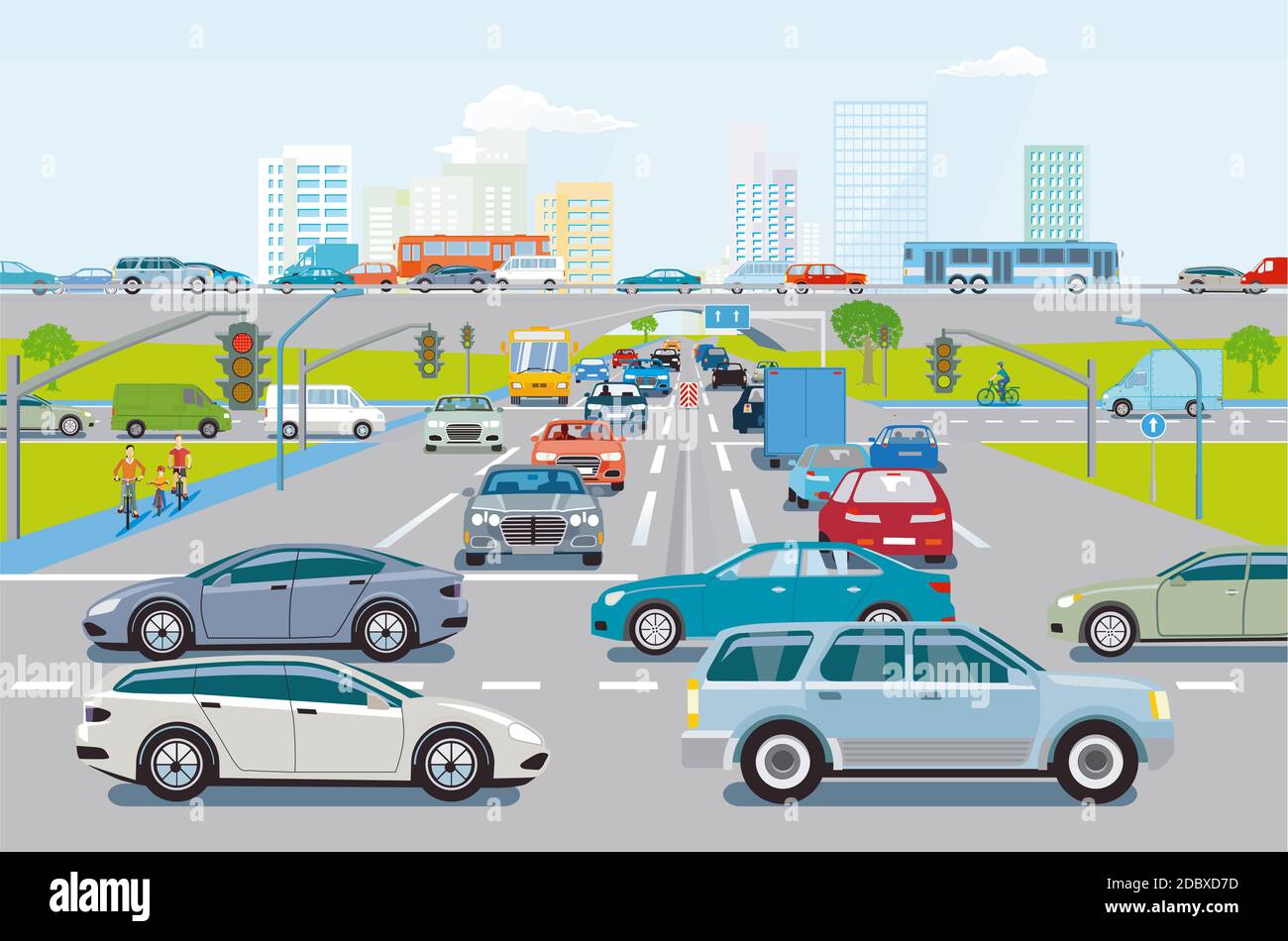 Road traffic with traffic jam at the intersection, illustration Stock Photo