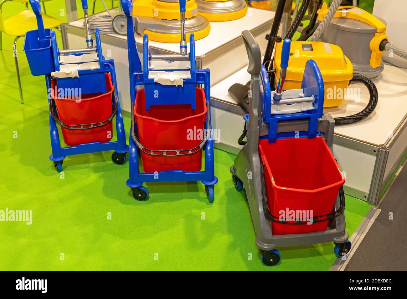 Professional Janitorial Cleaning Equipment Buckets at Carts Stock Photo