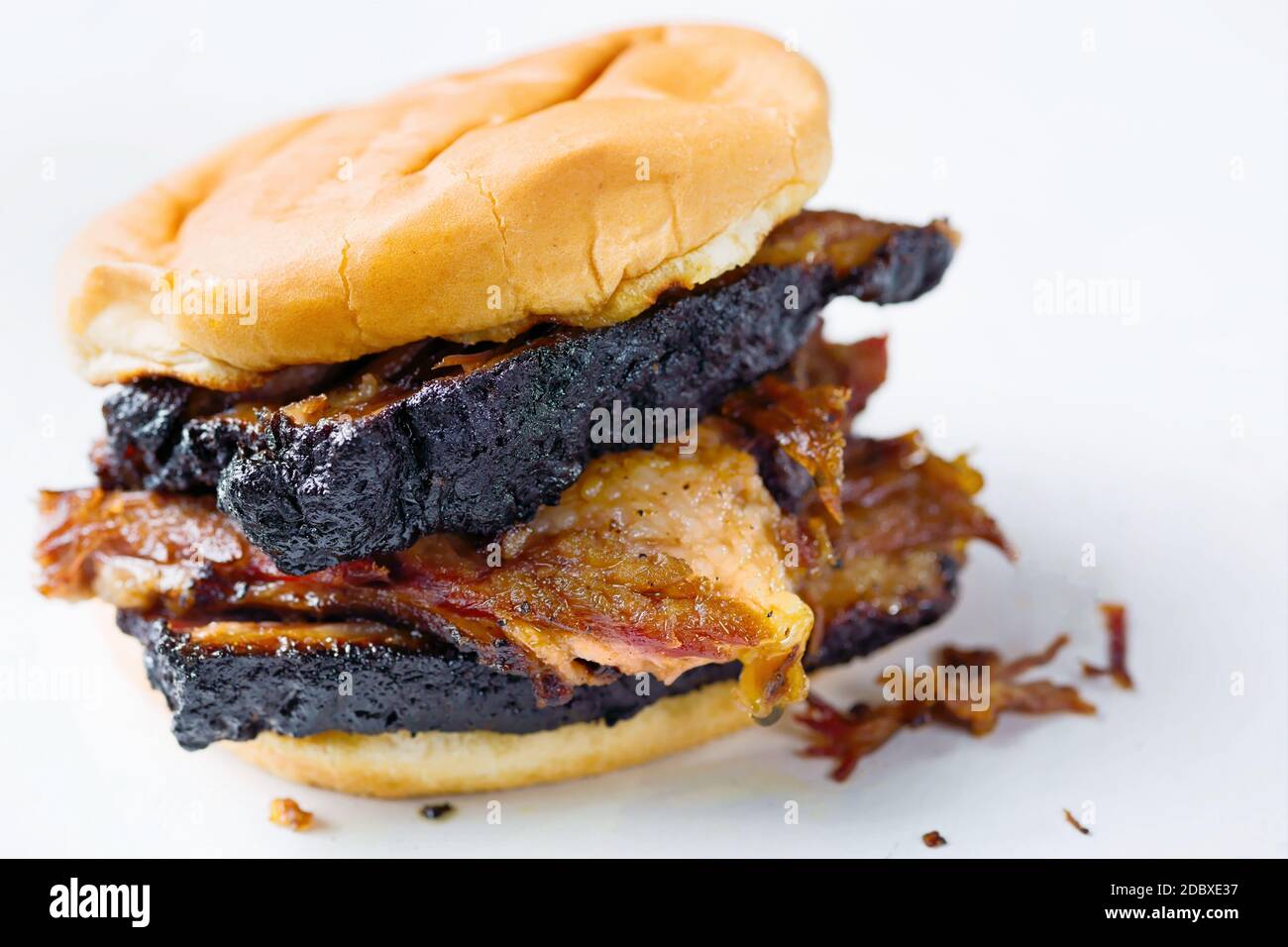 close up of rustic american barbecue beef brisket sandwich Stock Photo