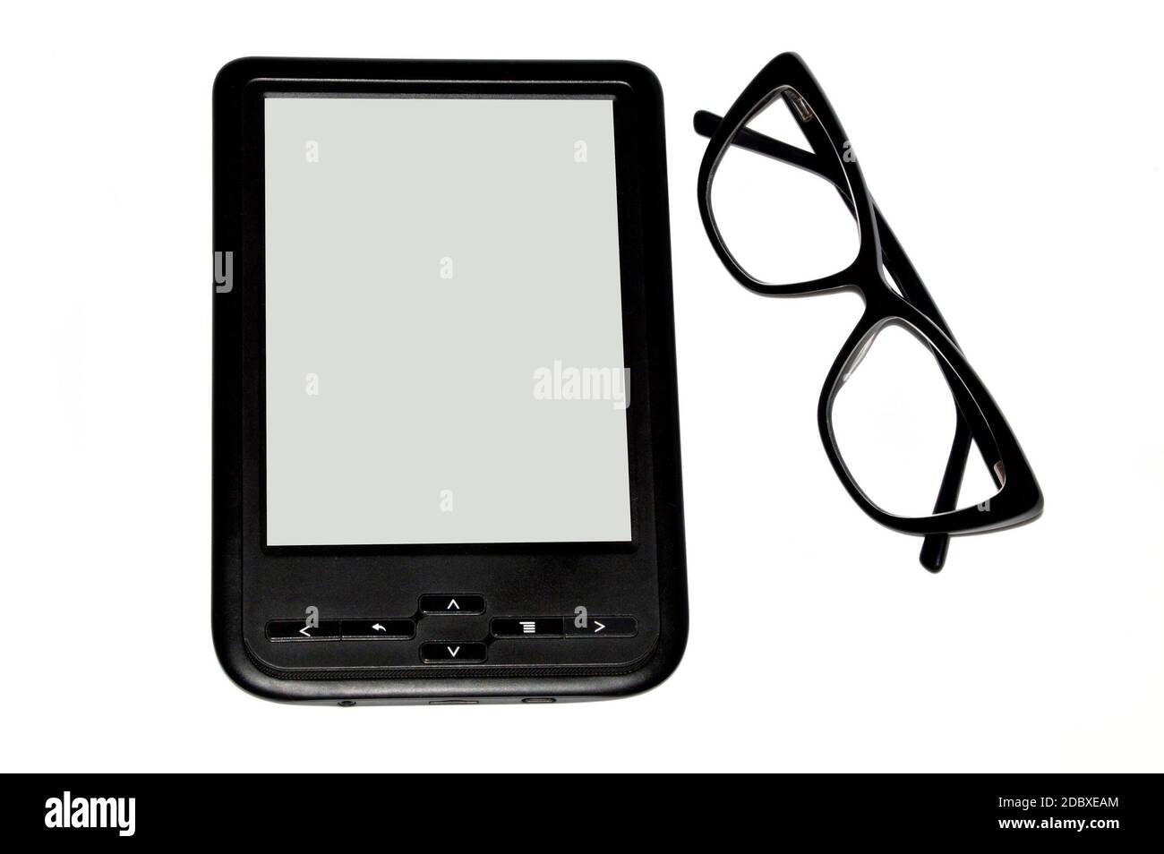 E-book and black glasses isolated on white background Stock Photo