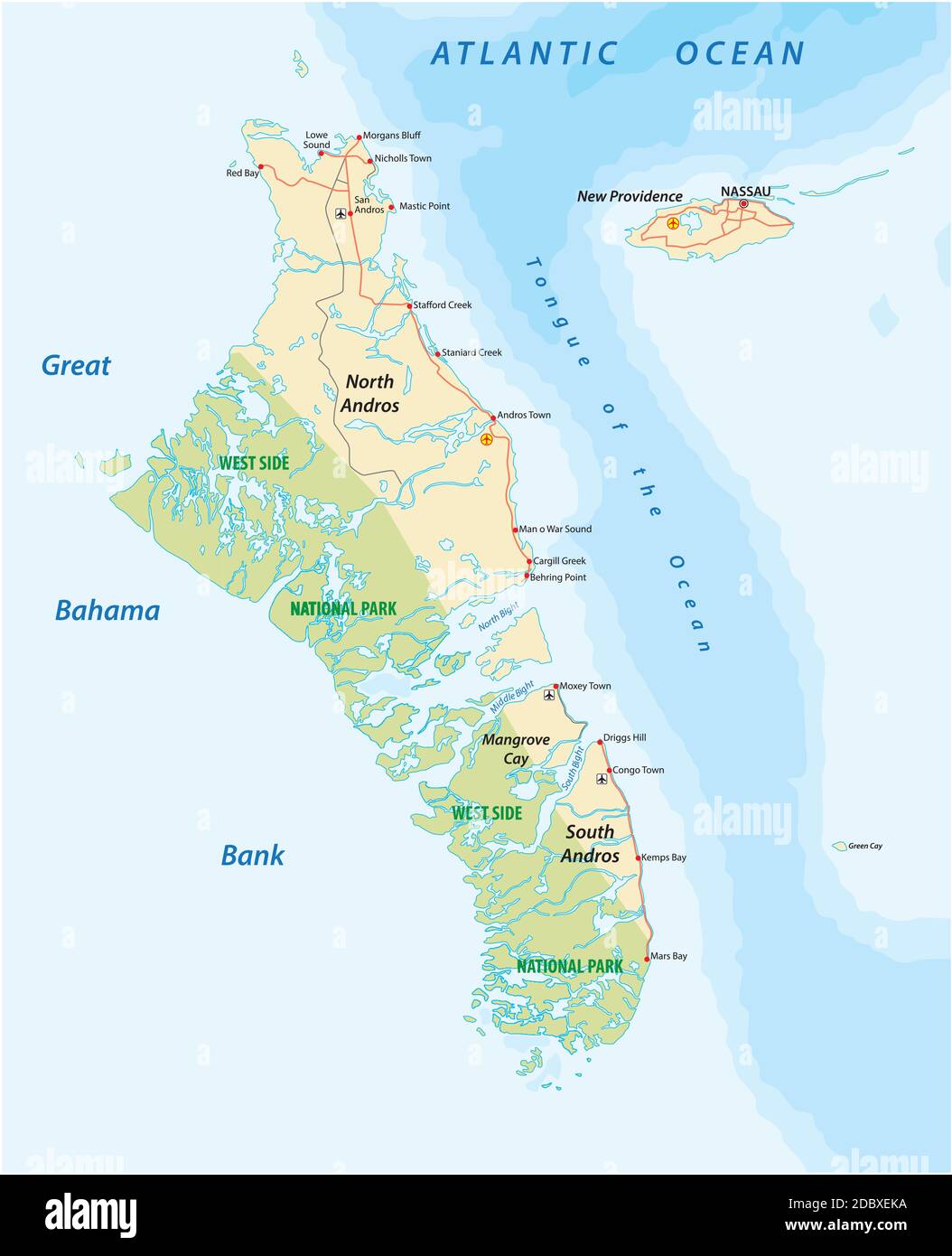 Vector map of Andros Island and New Providence, Bahamas Stock Vector