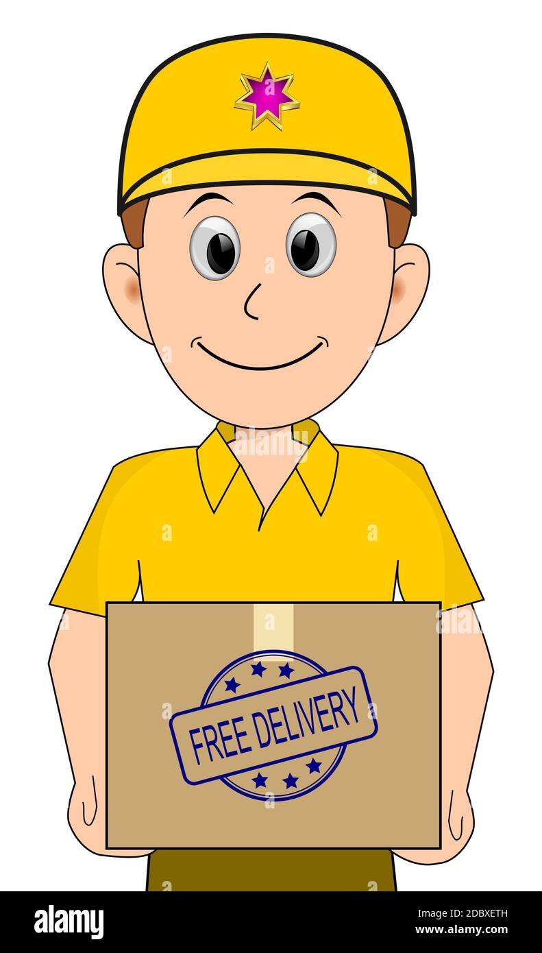 friendly Courier with yellow shirt delivering a parcel with free