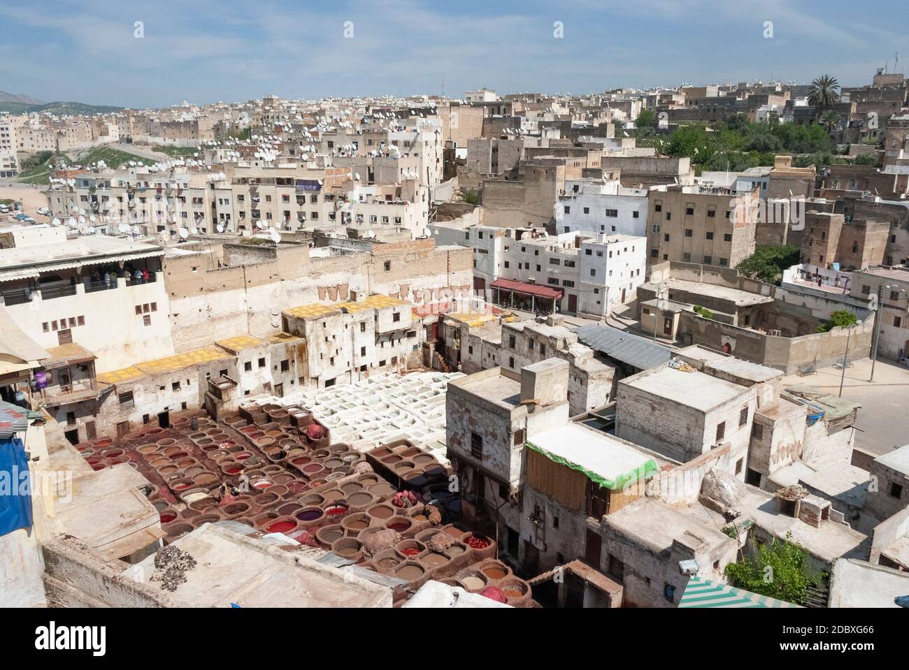Aerial Panoramic View Of A Tannery And The Old Town Of Fes El Bali In Morocco Stock Photo