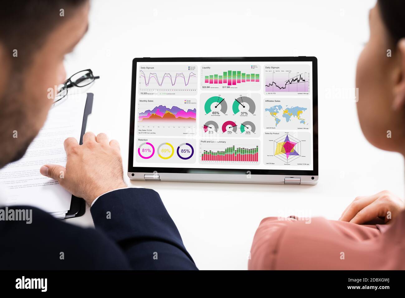KPI Data Business Dashboard On Laptop Or Digital Tablet Stock Photo