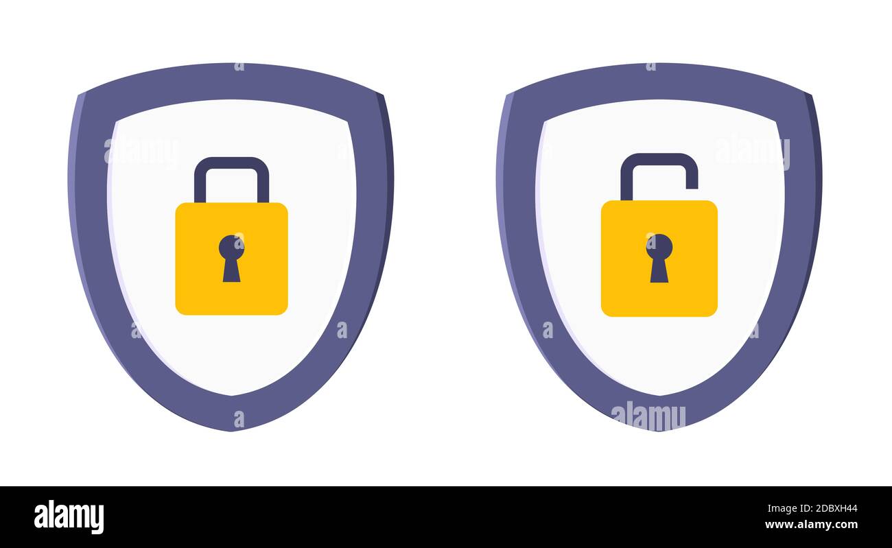 Shield with closed and opened padlock on it security protection symbol set. Stock Vector