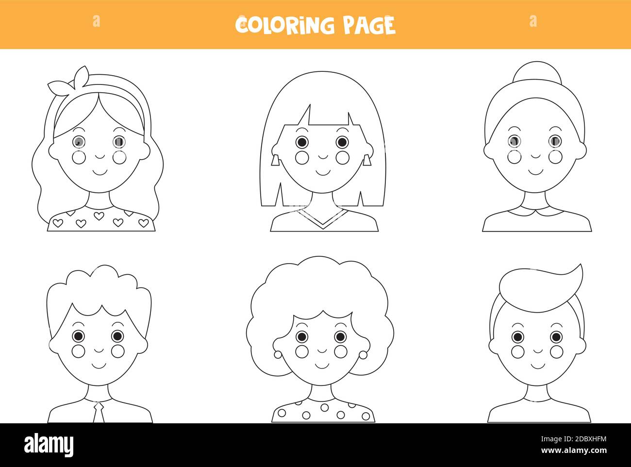 Coloring page with girls and boys avatars. Stock Vector