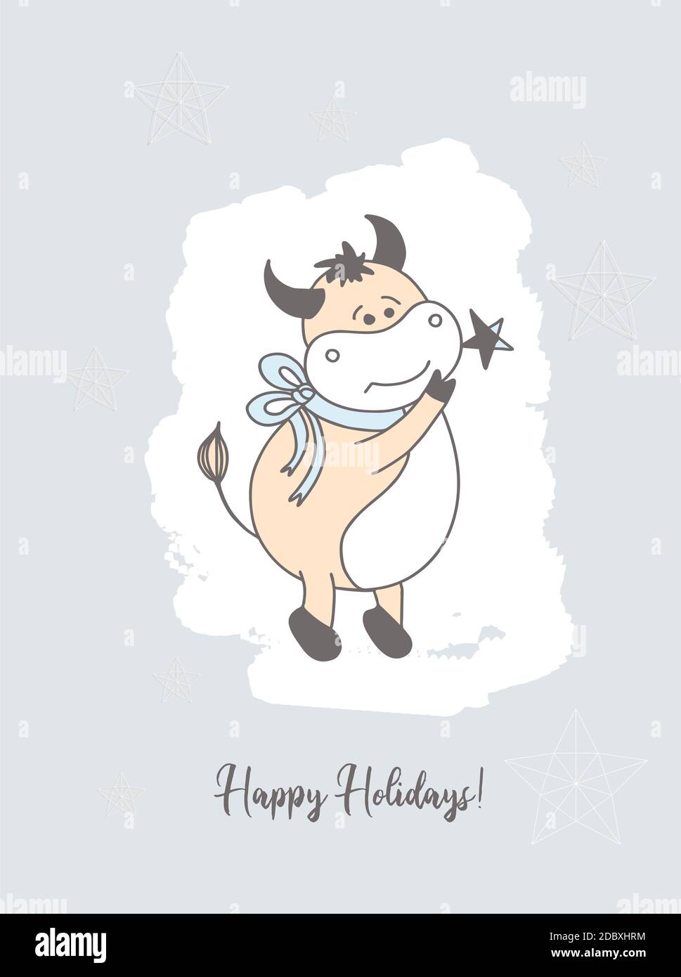 Christmas card. Year of the bull postcard. Poster. Ox character. Stock Photo